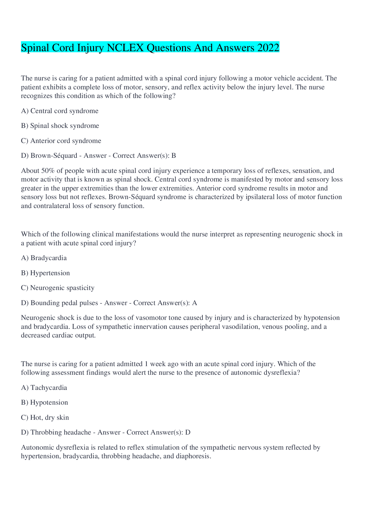 Preview of Spinal Cord Injury NCLEX Questions And Answers 2022